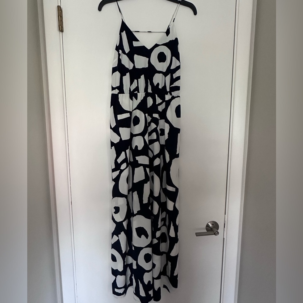 LOFT Navy & White Abstract-Print Spaghetti-Strap Maxi Dress